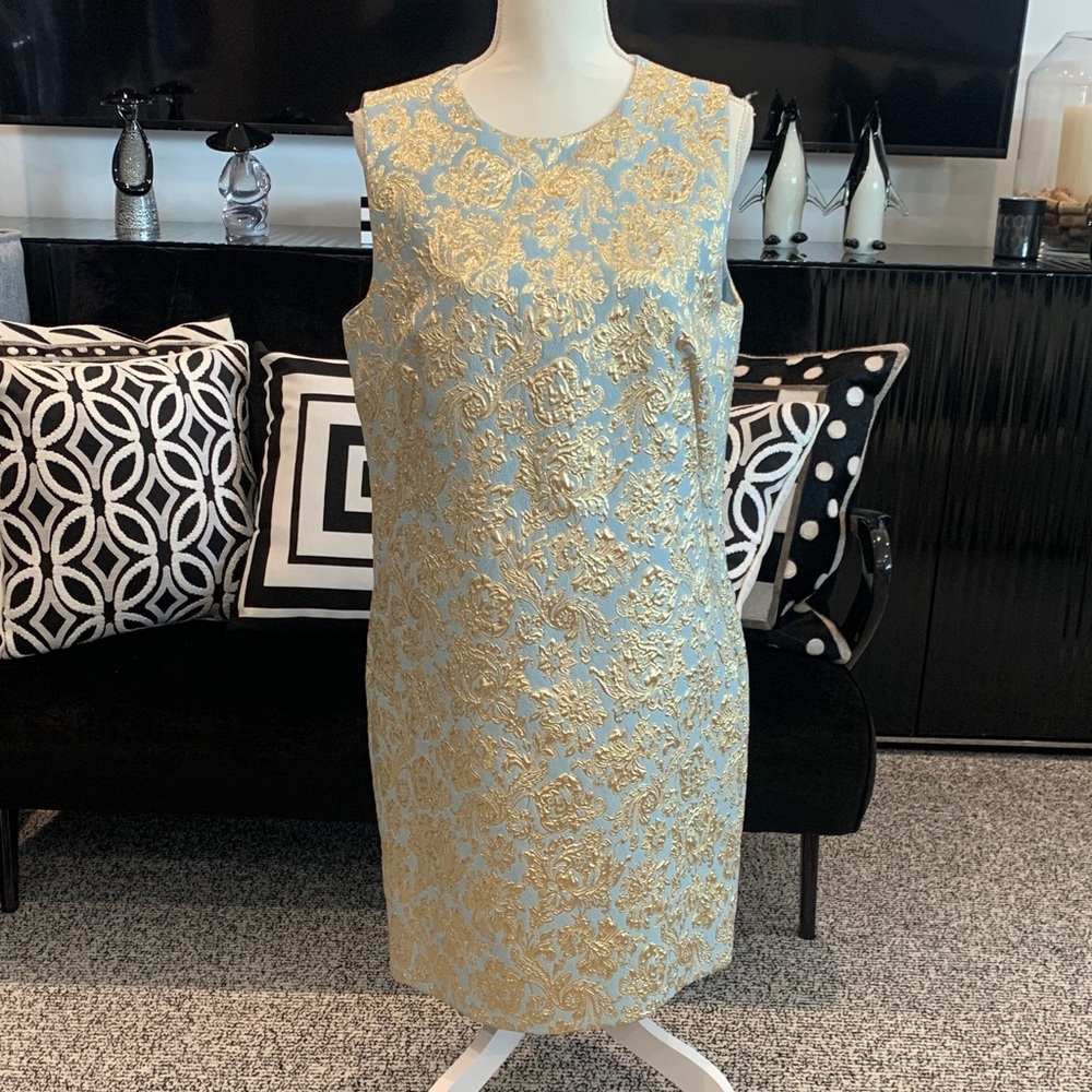 Dolce and Gabbana Sleeveless Light Blue and Gold Brocade Sheath Dress. Size 48